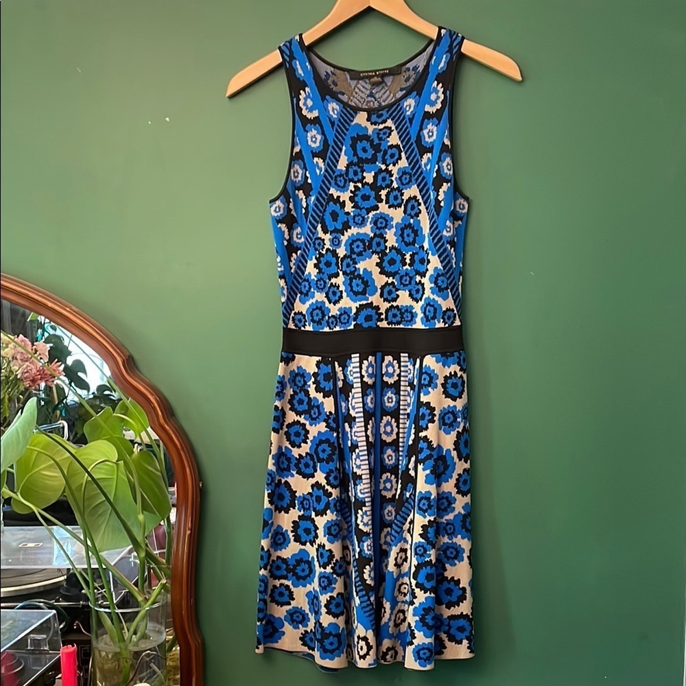 Cynthia Steffe Blue, Black & Tan Floral Mini Dress Sweater Fit & Flare